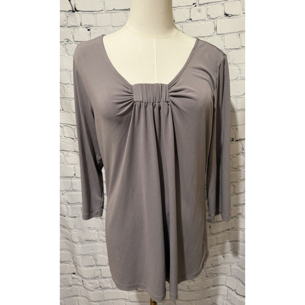 Susan Graver QVC Gray Pleated 3/4 Sleeve Liquid Knit Top Womens Size M
